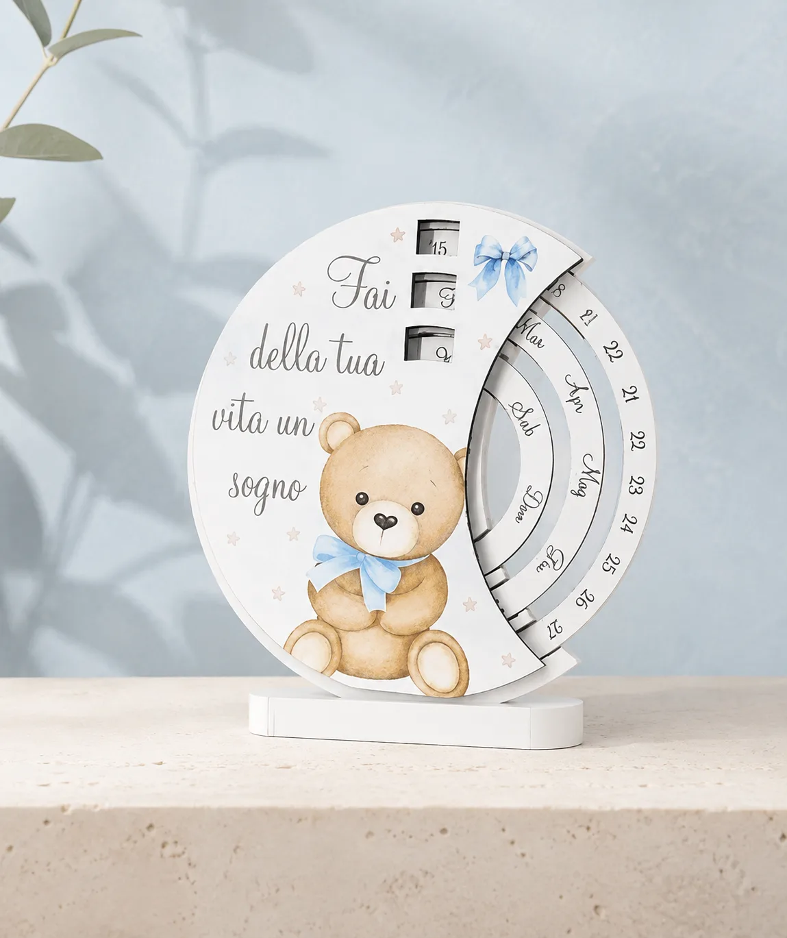 calendario perpetuo con orsetto e fiocco blu — Girardini Bomboniere Camisano Vicentino