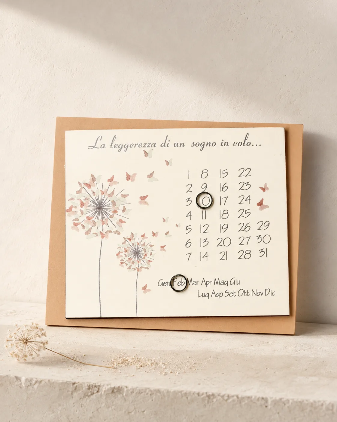 calendario perpetuo con soffione e farfalla — Girardini Bomboniere Camisano Vicentino