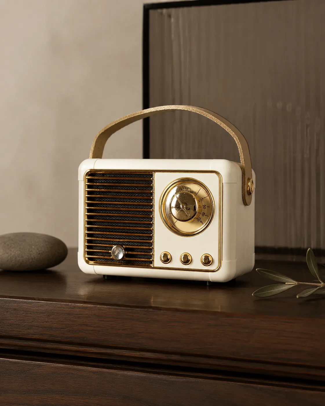 radio vintage crema su consolle in noce — Girardini Bomboniere Camisano Vicentino
